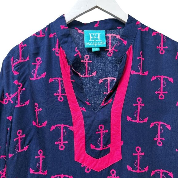 Escapada Tunic Blouse Medium Nautical Anchors Navy Blue Pink Rayon Womens Top - Picture 4 of 9